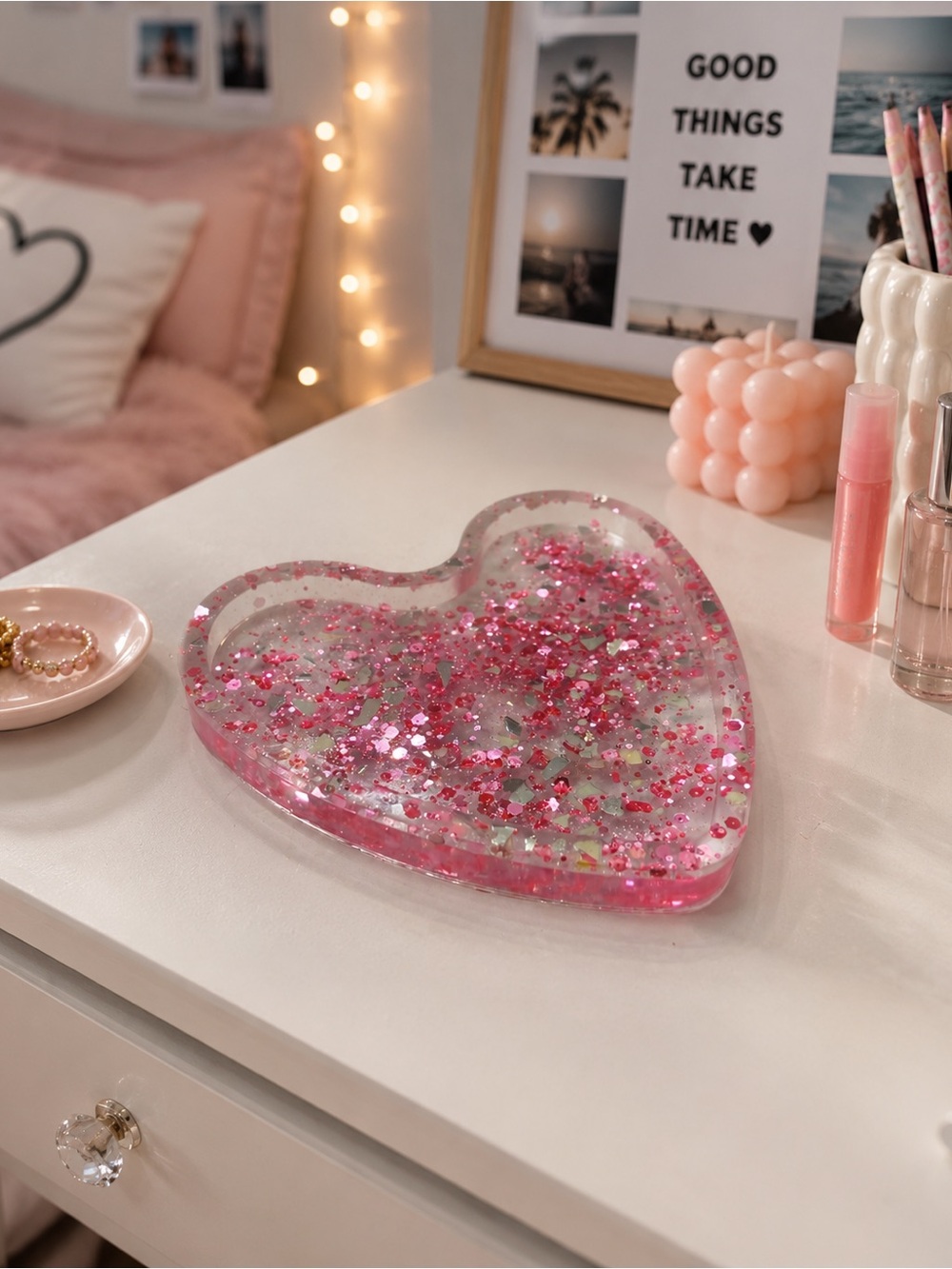 Pink Heart Glitter Resin Tray - Decorative Accent